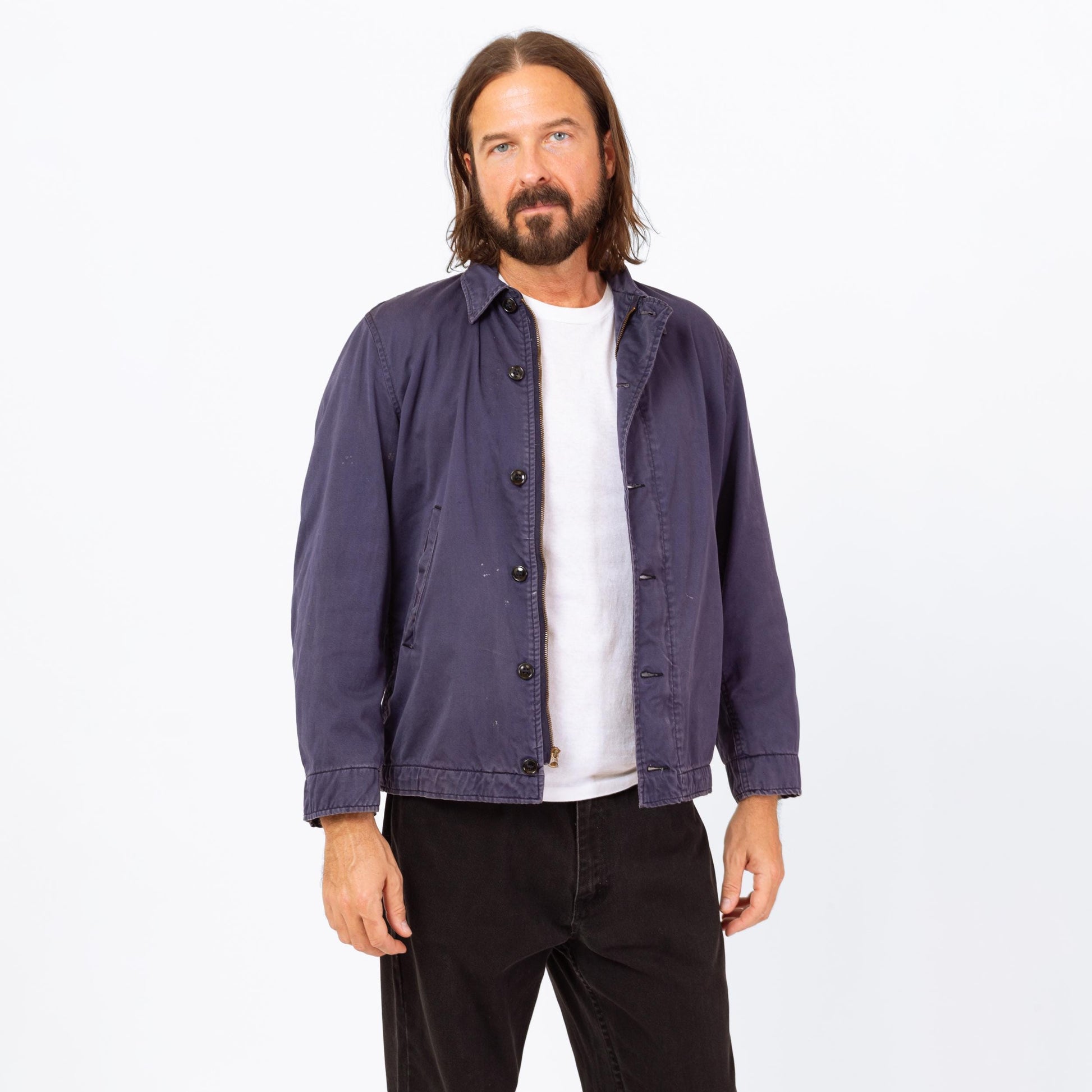 Vintage 70s US Navy Deck Jacket - Medium | Slate Blue Cotton Button Up Lightweight Utility Jacket
