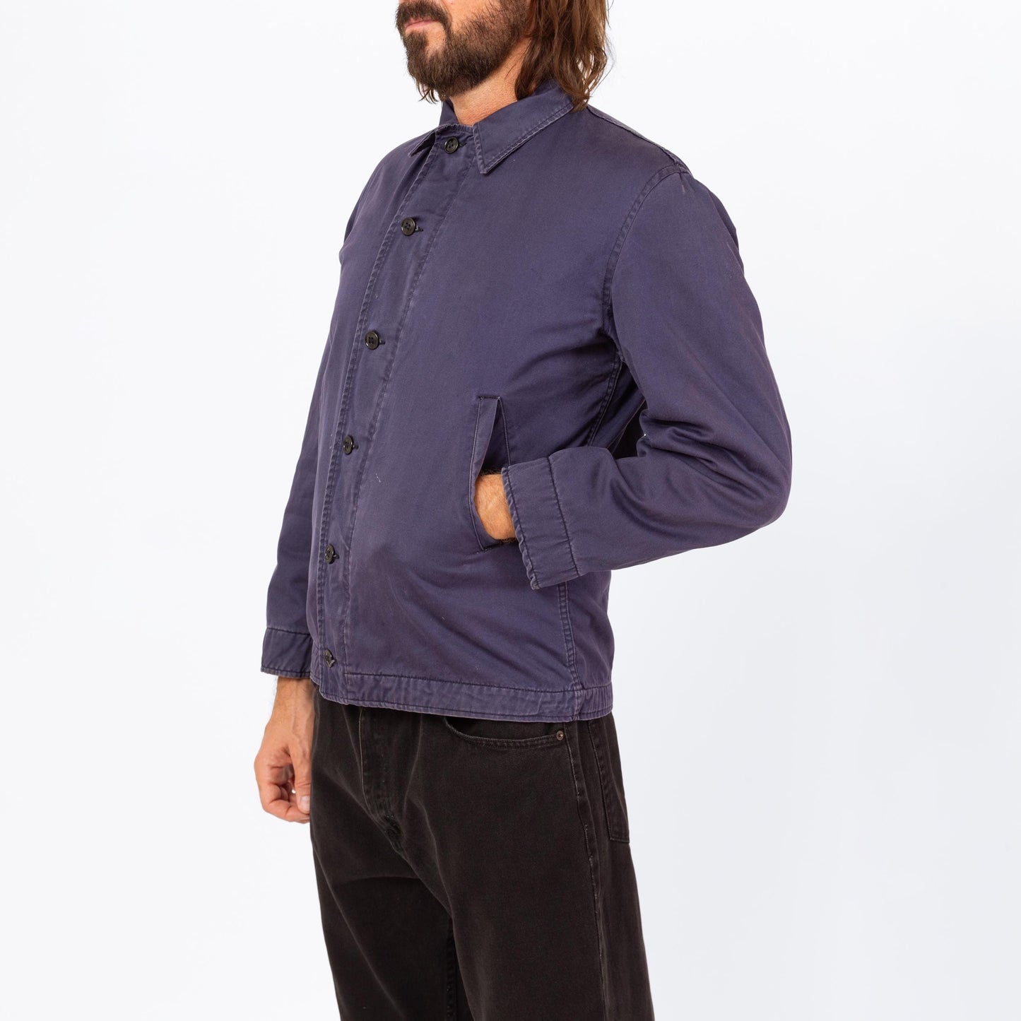 Vintage 70s US Navy Deck Jacket - Medium | Slate Blue Cotton Button Up Lightweight Utility Jacket