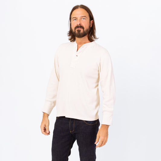 Vintage 70s Cream Wool & Cotton Thermal Henley Shirt - Medium | Plain Long Sleeve Military Undershirt Top