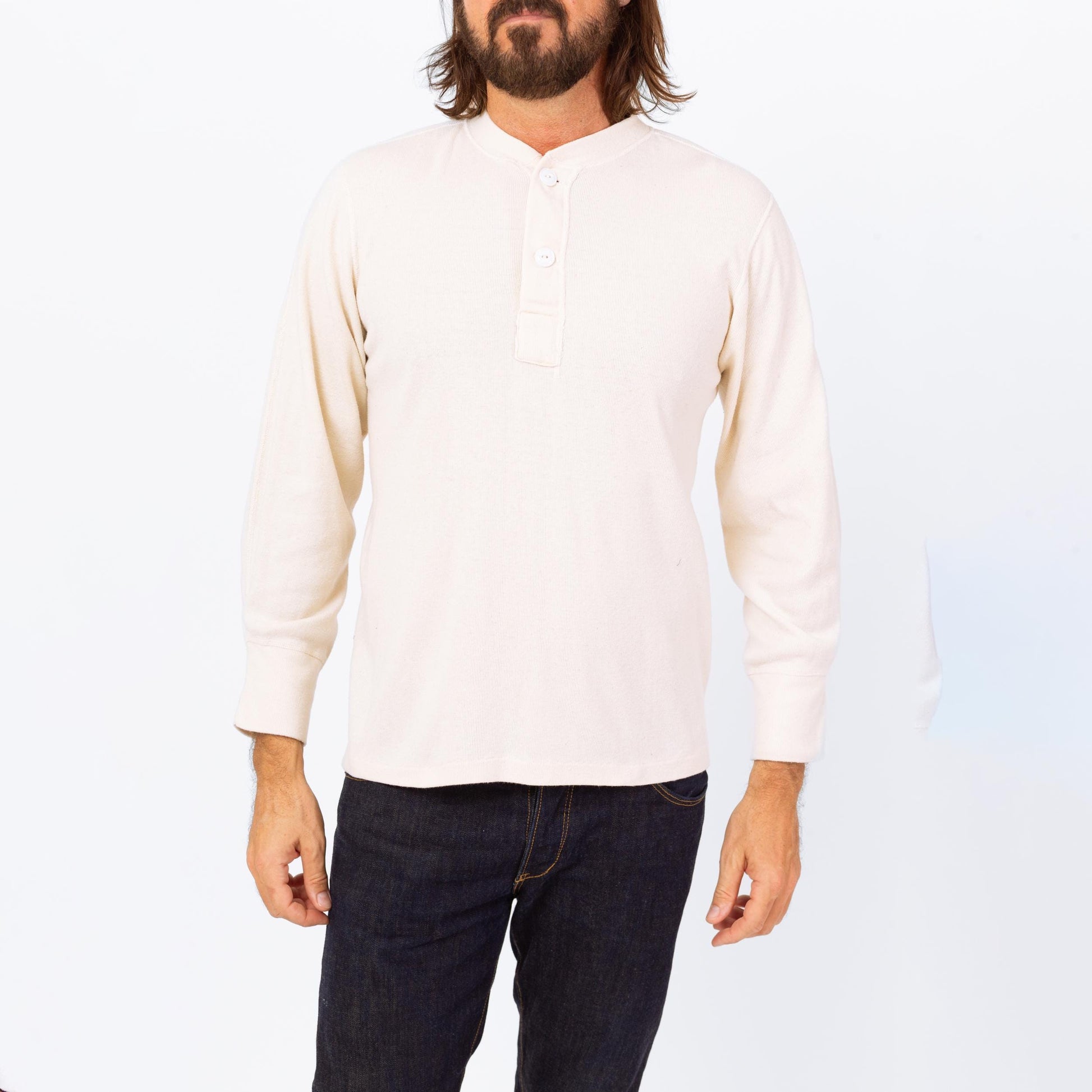 Vintage 70s Cream Wool & Cotton Thermal Henley Shirt - Medium | Plain Long Sleeve Military Undershirt Top