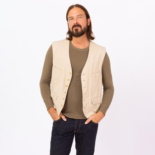 Vintage 90s Polo Ralph Lauren Khaki Vest - Large | Western Wear Cream Cotton Vest, Sleeveless Button Up Layering Shirt