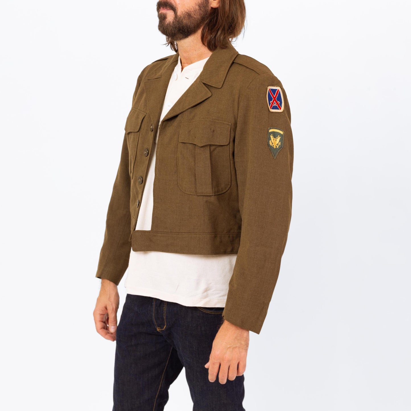 Vintage 1940s WWII Cropped Ike Army Jacket - Medium, 40R | Eisenhower Olive Drab Military Uniform Short Wool Coat