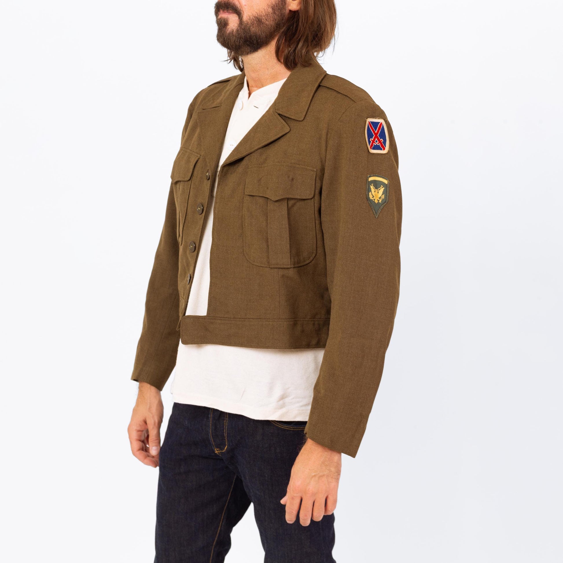 Vintage 1940s WWII Cropped Ike Army Jacket - Medium, 40R | Eisenhower Olive Drab Military Uniform Short Wool Coat