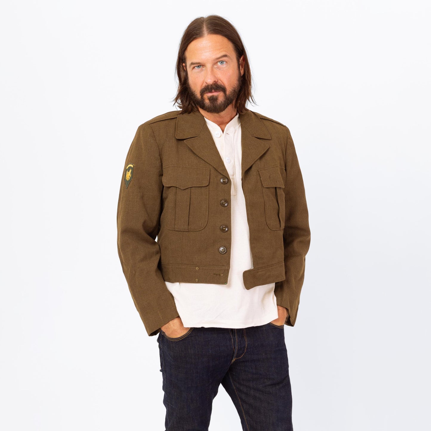 Vintage 1940s WWII Cropped Ike Army Jacket - Medium, 40R | Eisenhower Olive Drab Military Uniform Short Wool Coat