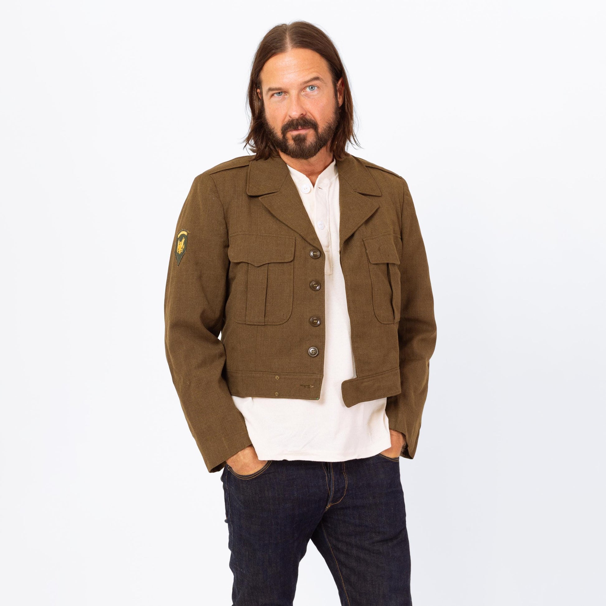 Vintage 1940s WWII Cropped Ike Army Jacket - Medium, 40R | Eisenhower Olive Drab Military Uniform Short Wool Coat