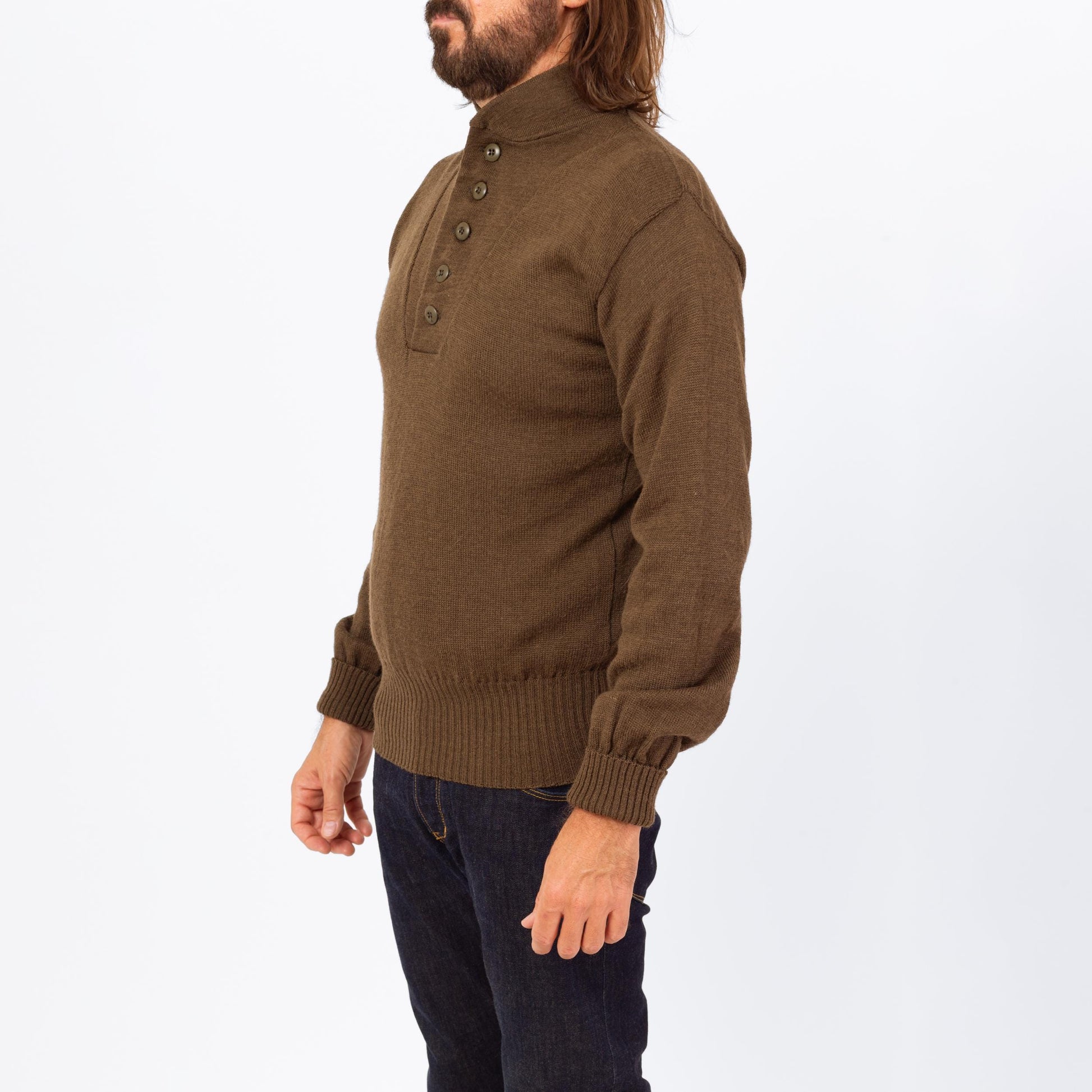 Vintage 90s Olive Wool Military Henley Sweater - Large | US Army Long Sleeve Fitted Pullover