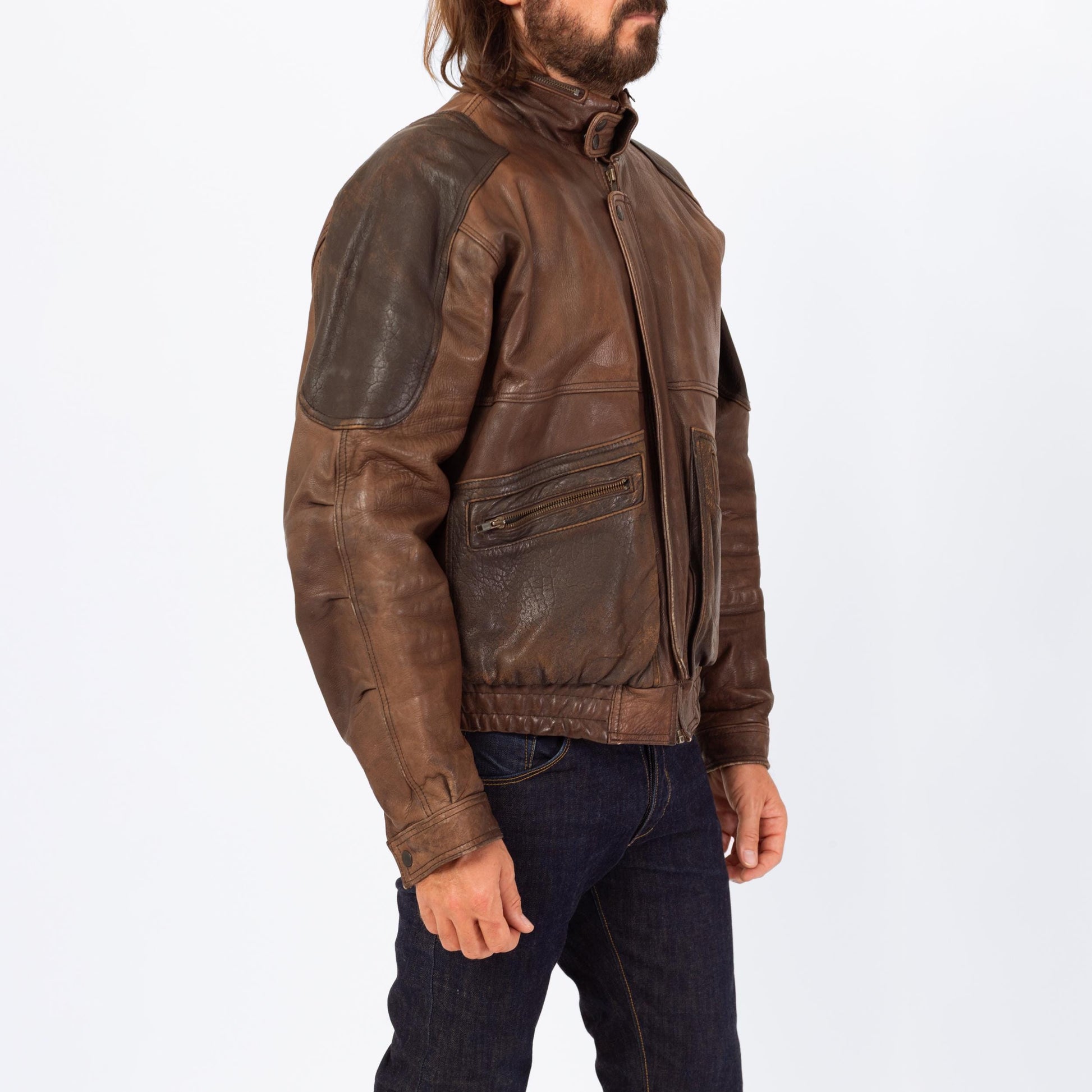 Vintage 80s Brown Leather Bomber Jacket - Extra Large | Berman's Zip Up Oversize Aviator Moto Coat