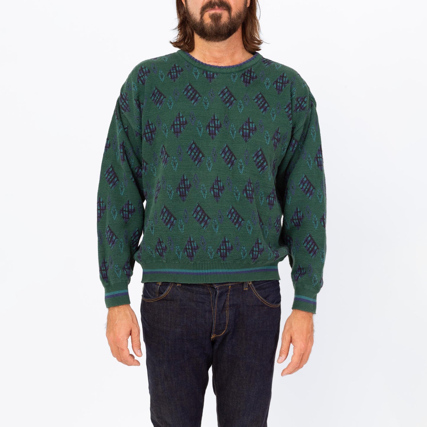 Vintage 90s Ralph Lauren Green Cotton Knit Sweater - Large | Chaps Argyle Diamond Knit Slouchy Pullover Grandpa Sweater