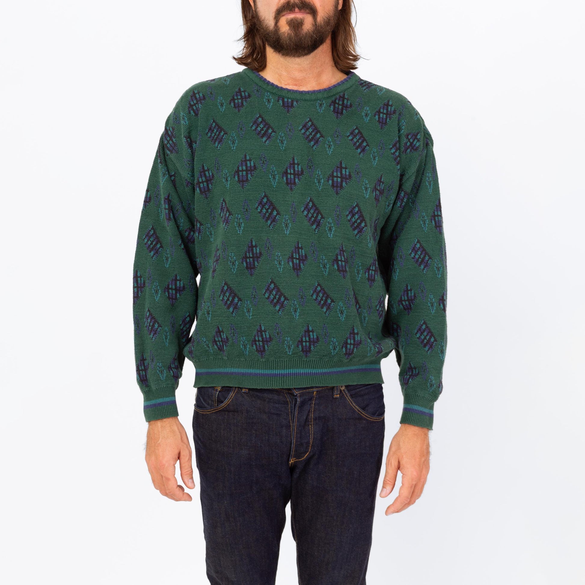 Vintage 90s Ralph Lauren Green Cotton Knit Sweater - Large | Chaps Argyle Diamond Knit Slouchy Pullover Grandpa Sweater
