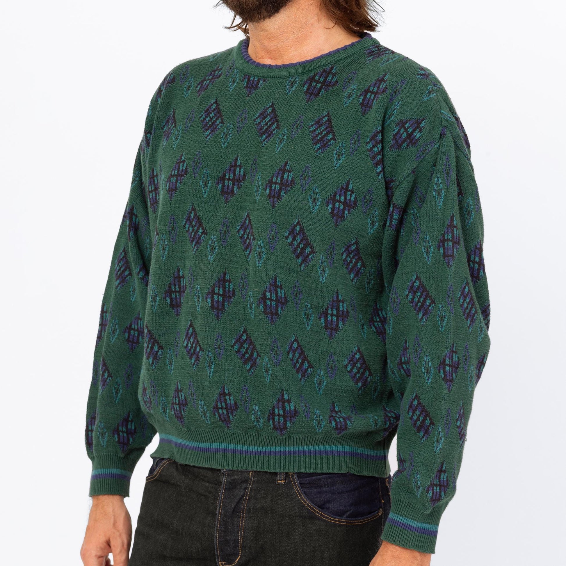 Vintage 90s Ralph Lauren Green Cotton Knit Sweater - Large | Chaps Argyle Diamond Knit Slouchy Pullover Grandpa Sweater