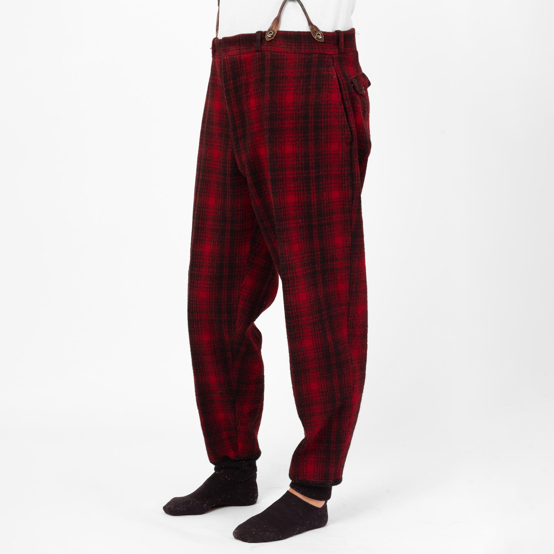 Vintage 40s 50s Woolrich Red & Black Plaid Wool Hunting Pants - Large, 38" Waist | Winter Outerwear Mackinaw High Waisted Suspender Pants