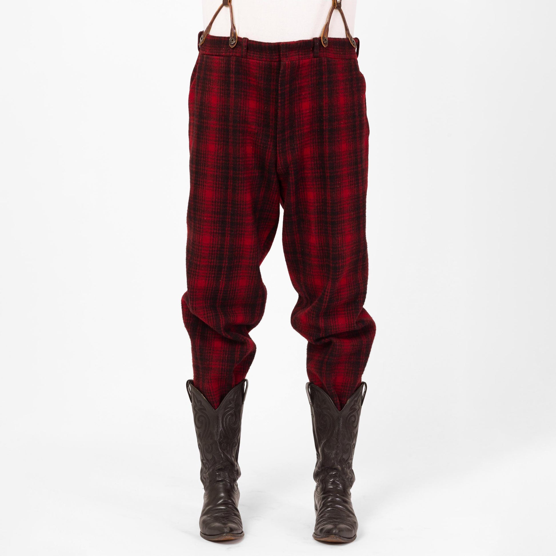 Vintage 40s 50s Woolrich Red & Black Plaid Wool Hunting Pants - Large, 38" Waist | Winter Outerwear Mackinaw High Waisted Suspender Pants