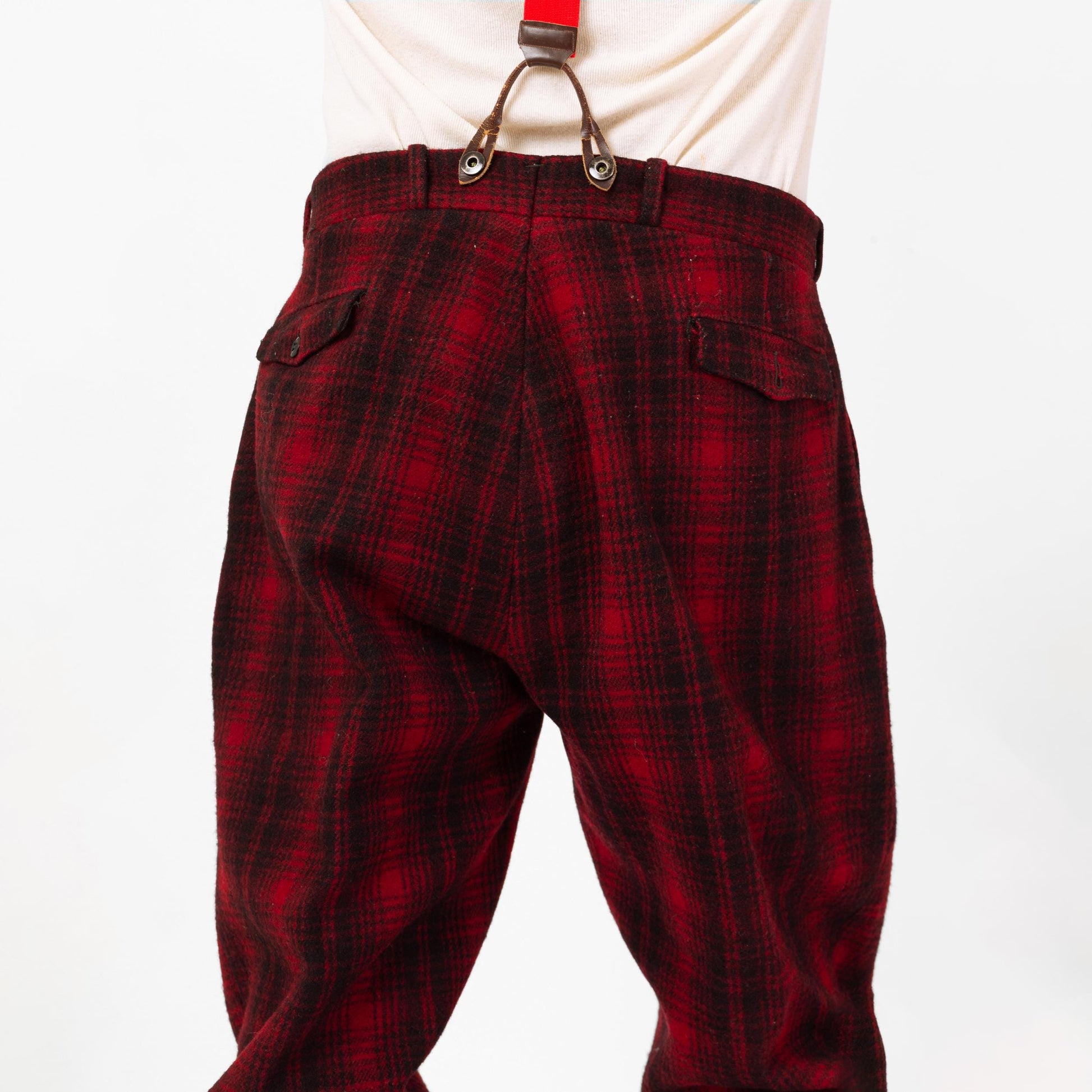 Vintage 40s 50s Woolrich Red & Black Plaid Wool Hunting Pants - Large, 38" Waist | Winter Outerwear Mackinaw High Waisted Suspender Pants