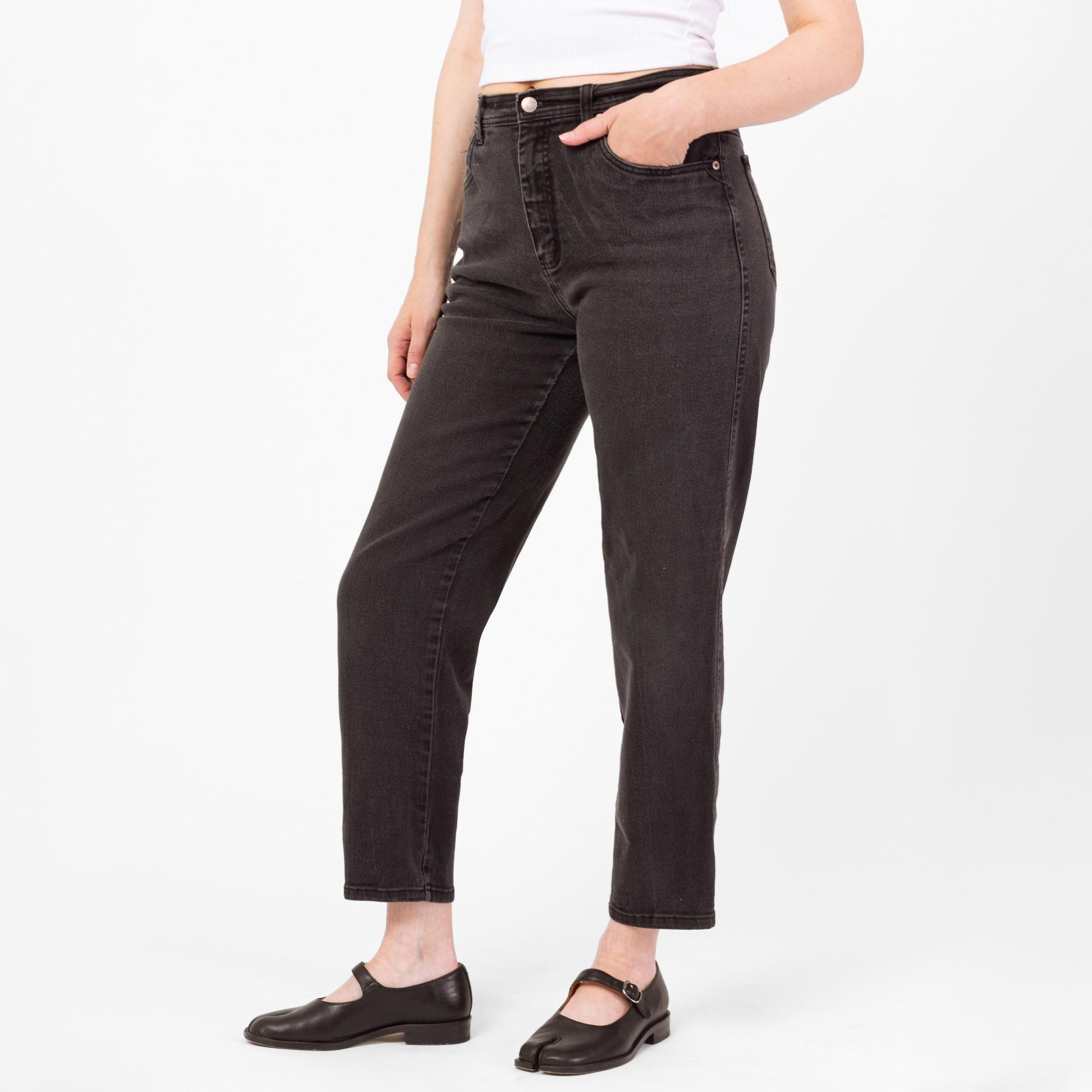 Vintage 90s Faded Black High Waisted Ankle Jeans - Medium, 29"-31" Waist | Bill Blass Denim Stretchy Curvy Fit Mom Jeans