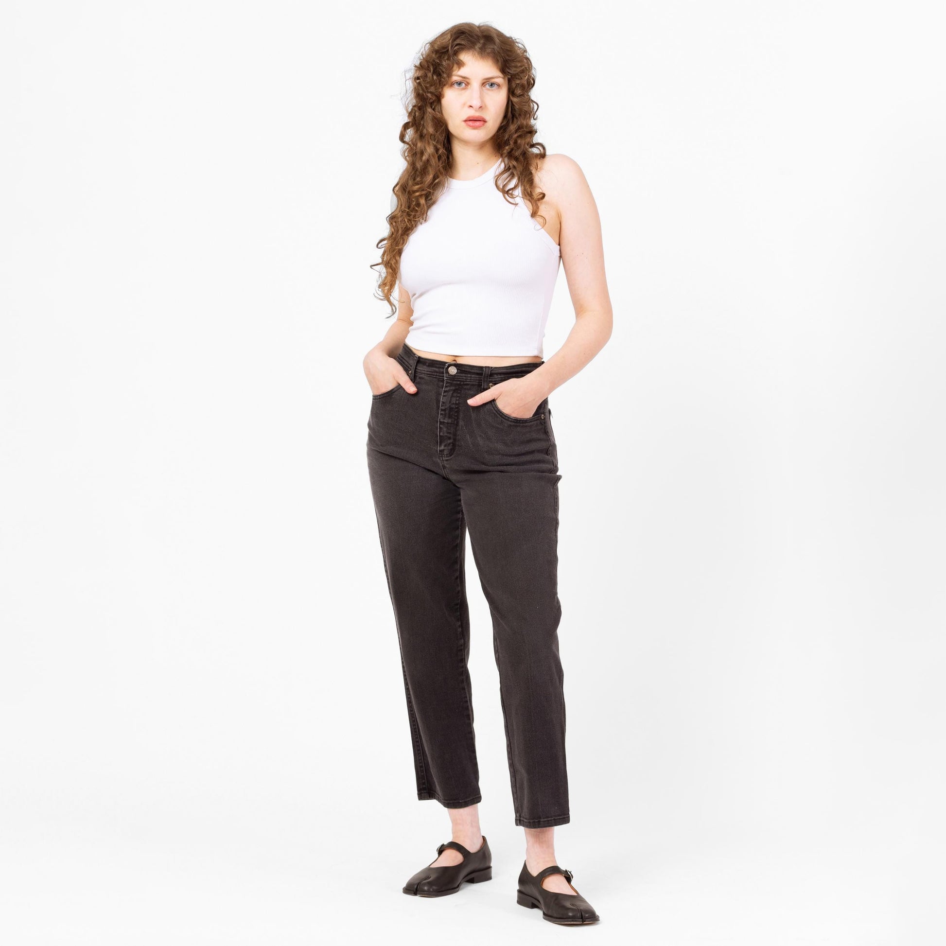 Vintage 90s Faded Black High Waisted Ankle Jeans - Medium, 29"-31" Waist | Bill Blass Denim Stretchy Curvy Fit Mom Jeans
