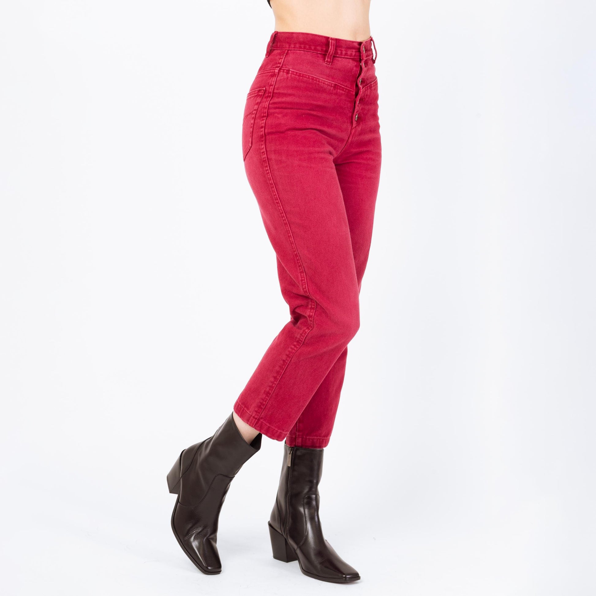 Vintage 90s Raspberry Red Exposed Button Fly Jeans - Extra Small, 25" Waist | High Waisted Denim Short Inseam Ankle Jeans