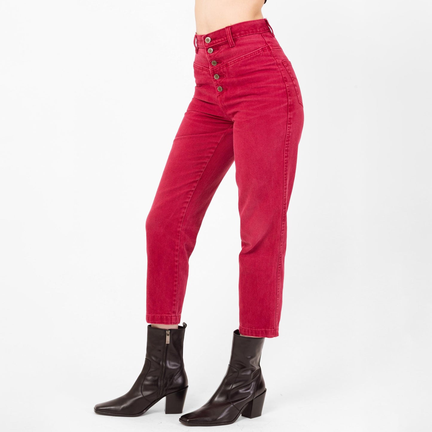 Vintage 90s Raspberry Red Exposed Button Fly Jeans - Extra Small, 25" Waist | High Waisted Denim Short Inseam Ankle Jeans