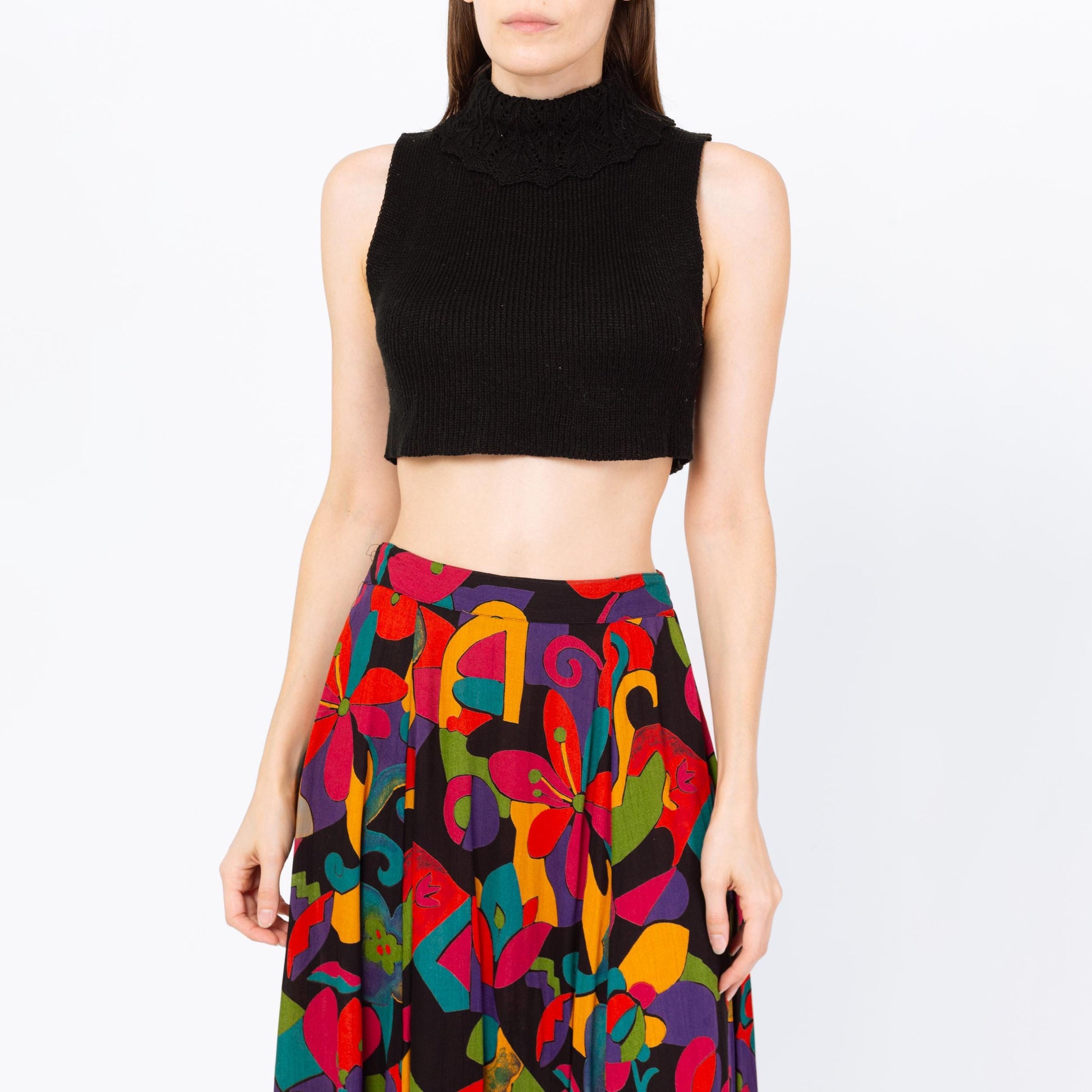 Vintage 70s Black Knit Sleeveless Crop Top - Small | Dickey Turtleneck Sweater Tank Top