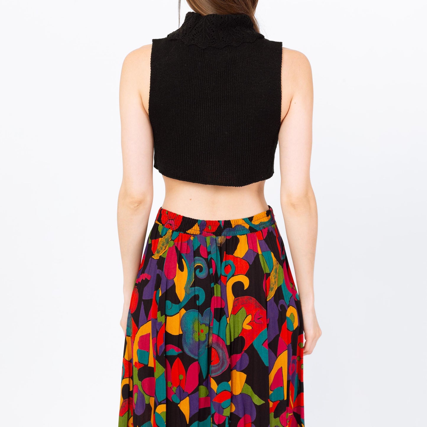 Vintage 70s Black Knit Sleeveless Crop Top - Small | Dickey Turtleneck Sweater Tank Top