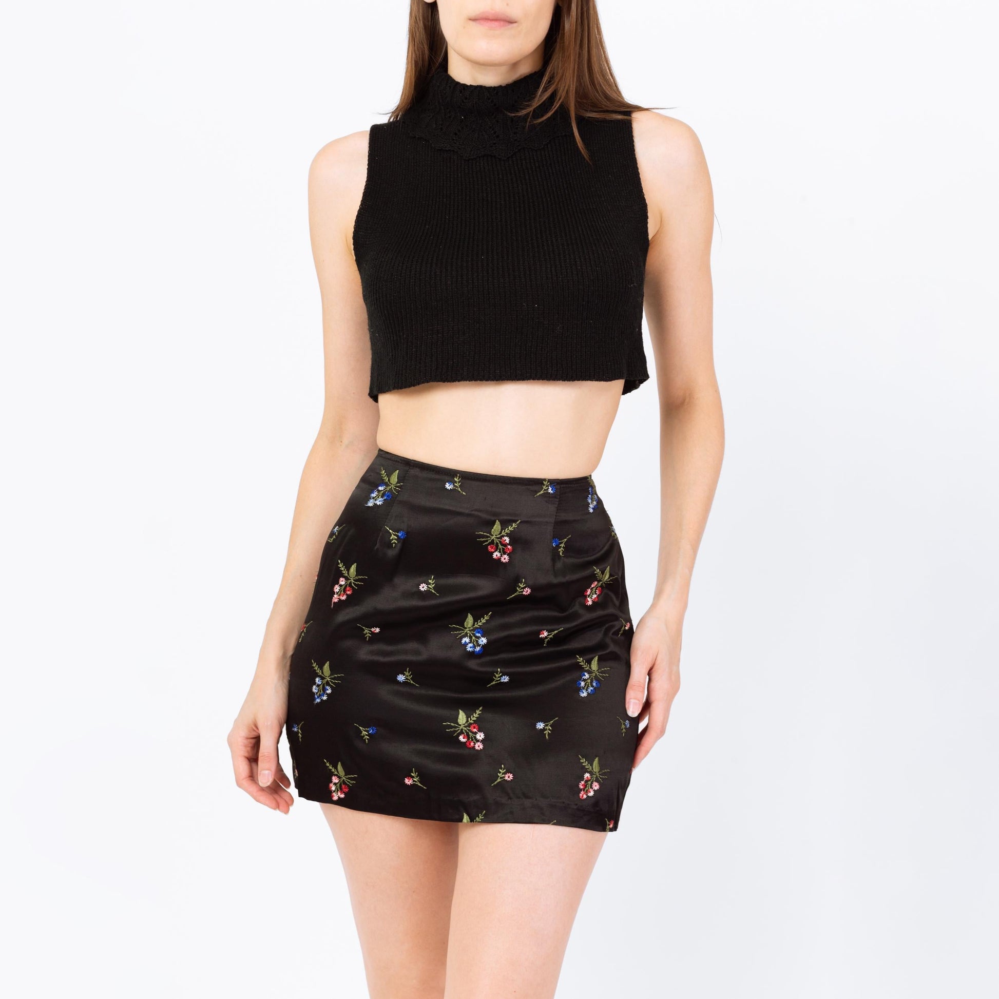 Vintage 90s Wildflower Floral Black Satin Mini Skirt - Small | High Waisted A Line Boho Embroidered Skirt