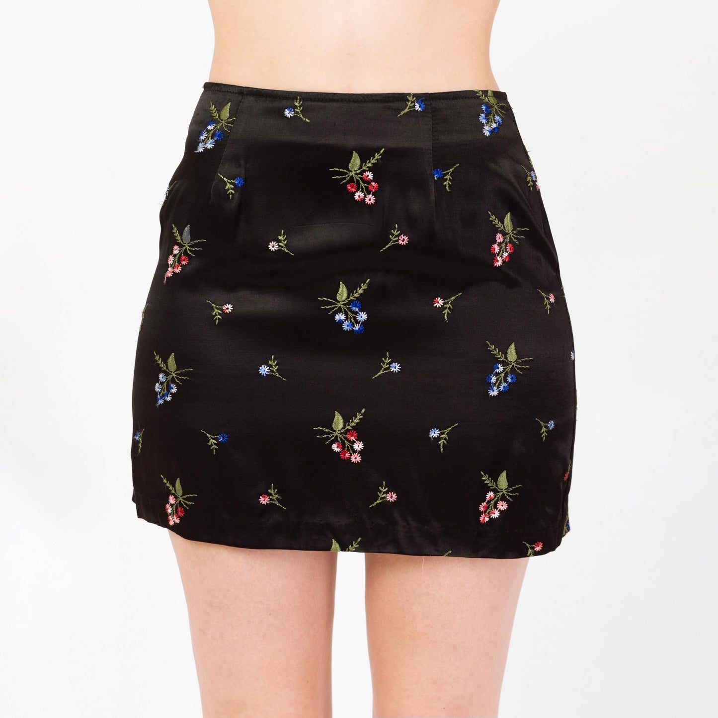 Vintage 90s Wildflower Floral Black Satin Mini Skirt - Small | High Waisted A Line Boho Embroidered Skirt