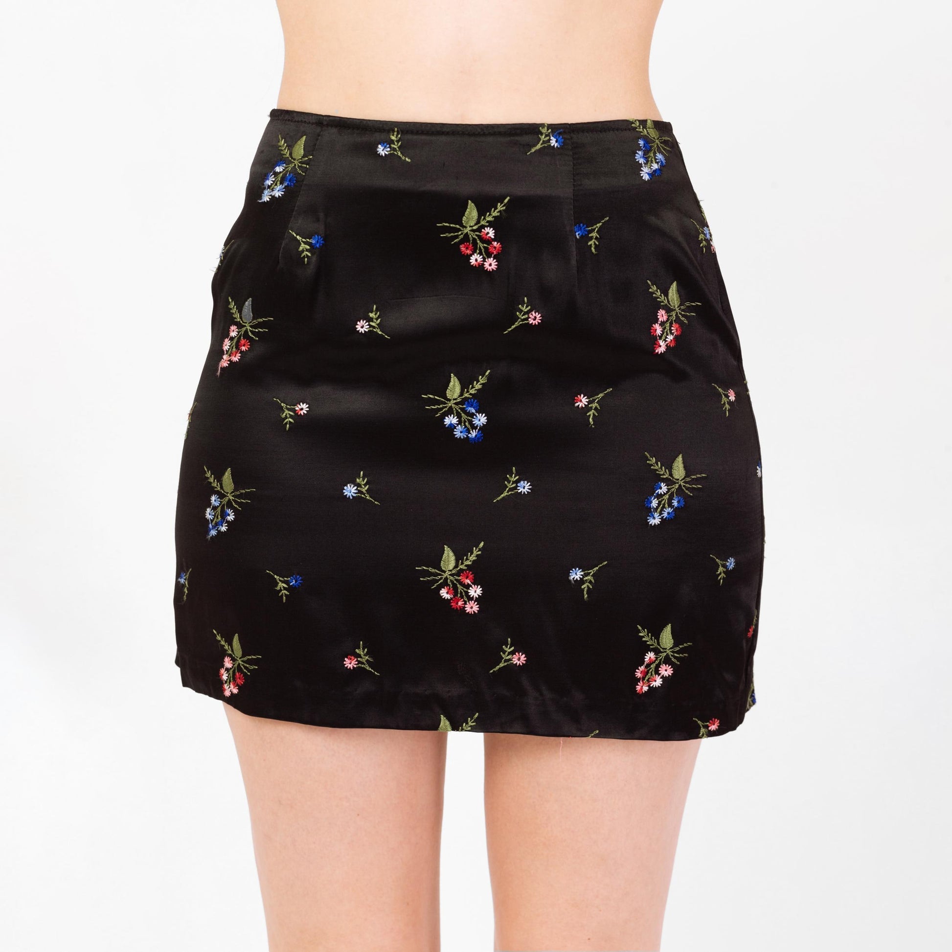 Vintage 90s Wildflower Floral Black Satin Mini Skirt - Small | High Waisted A Line Boho Embroidered Skirt