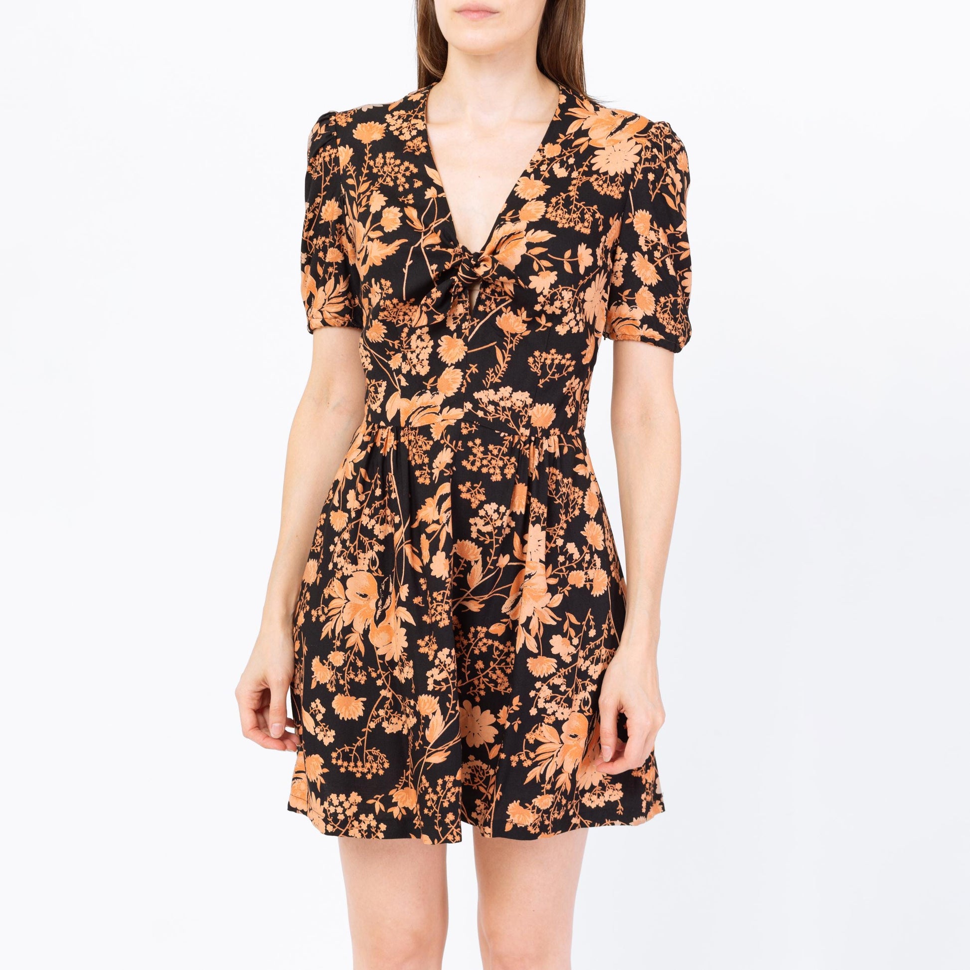 Vintage 90s Orange & Black Floral Floral Tie Front Mini Sundress - Small | Boho Flower Print Short Sleeve Summer Dress