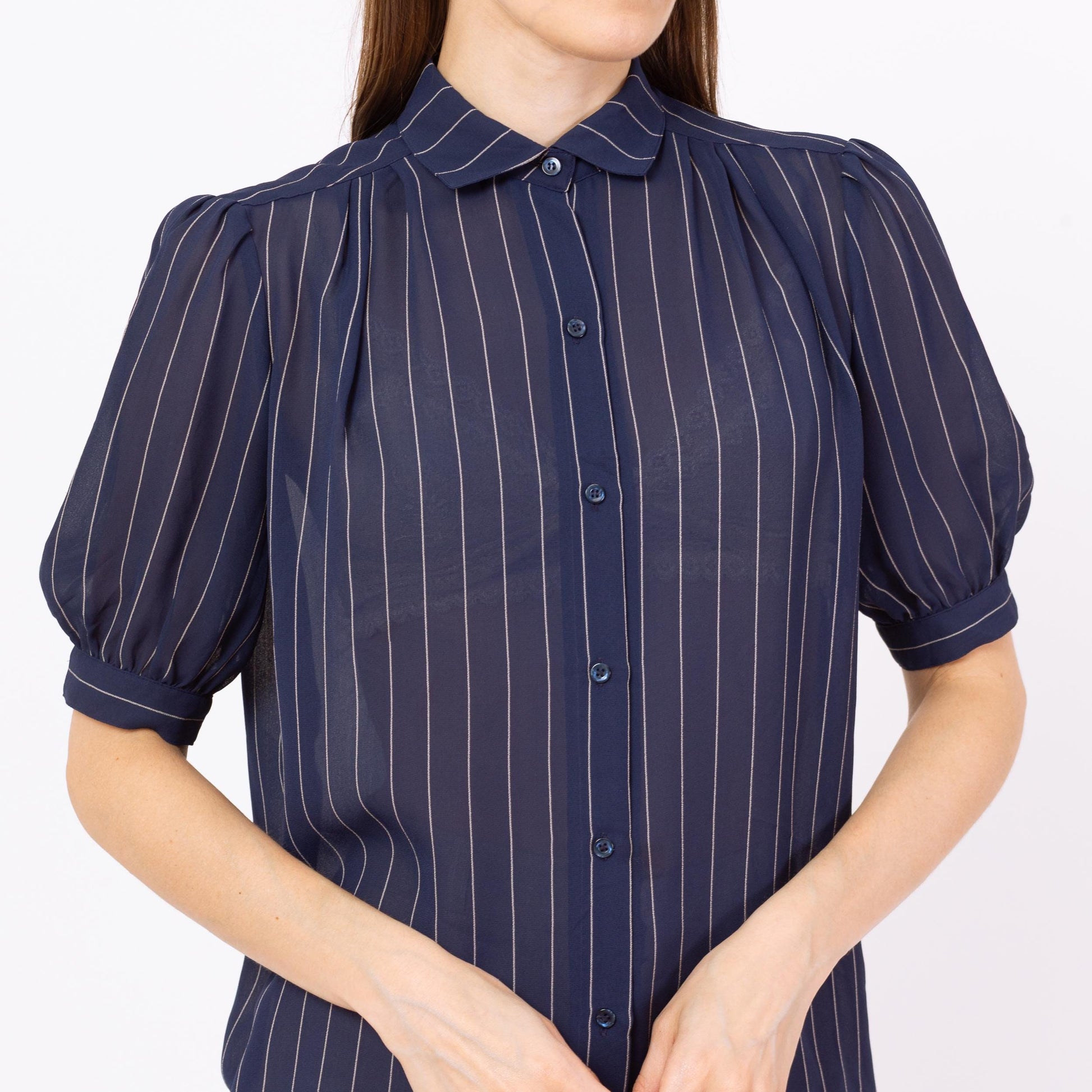 Vintage 70s Navy Blue Pinstriped Puff Sleeve Blouse - Small | Retro Sheer Top, Peter Pan Collar Shirt