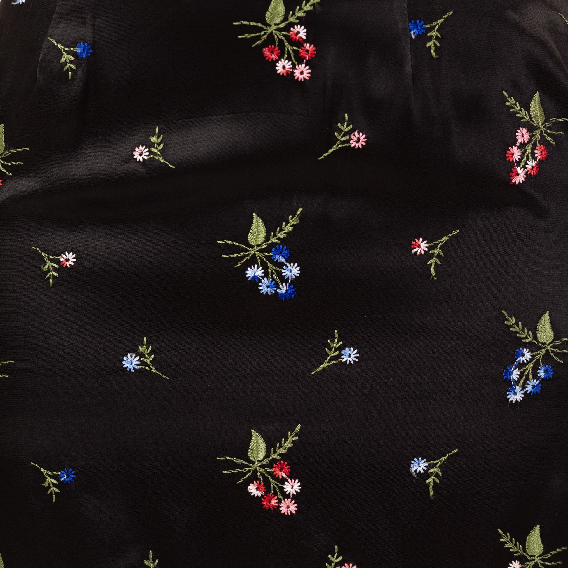 Vintage 90s Wildflower Floral Black Satin Mini Skirt - Small | High Waisted A Line Boho Embroidered Skirt
