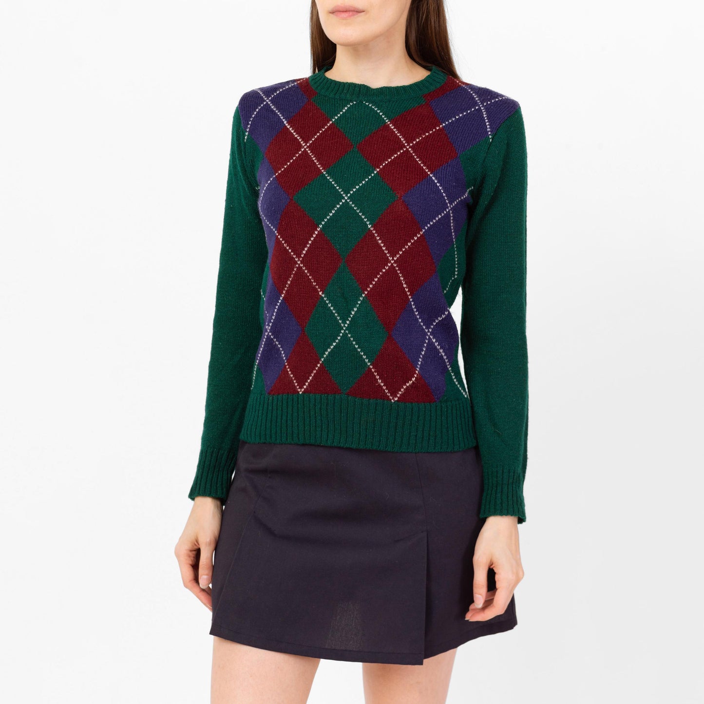 Vintage 80s Green Argyle Knit Sweater - Small | Preppy Pullover Jumper, Dark Academia Retro Knitwear