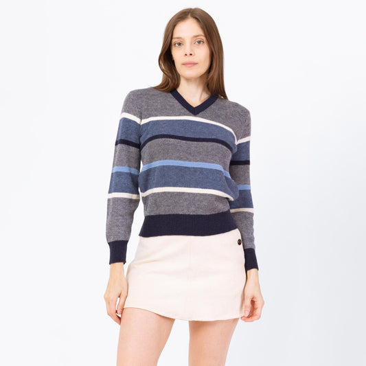 Vintage 80s Blue Striped Knit Cropped Sweater - Small | V Neck Lightweight Slouchy Pullover