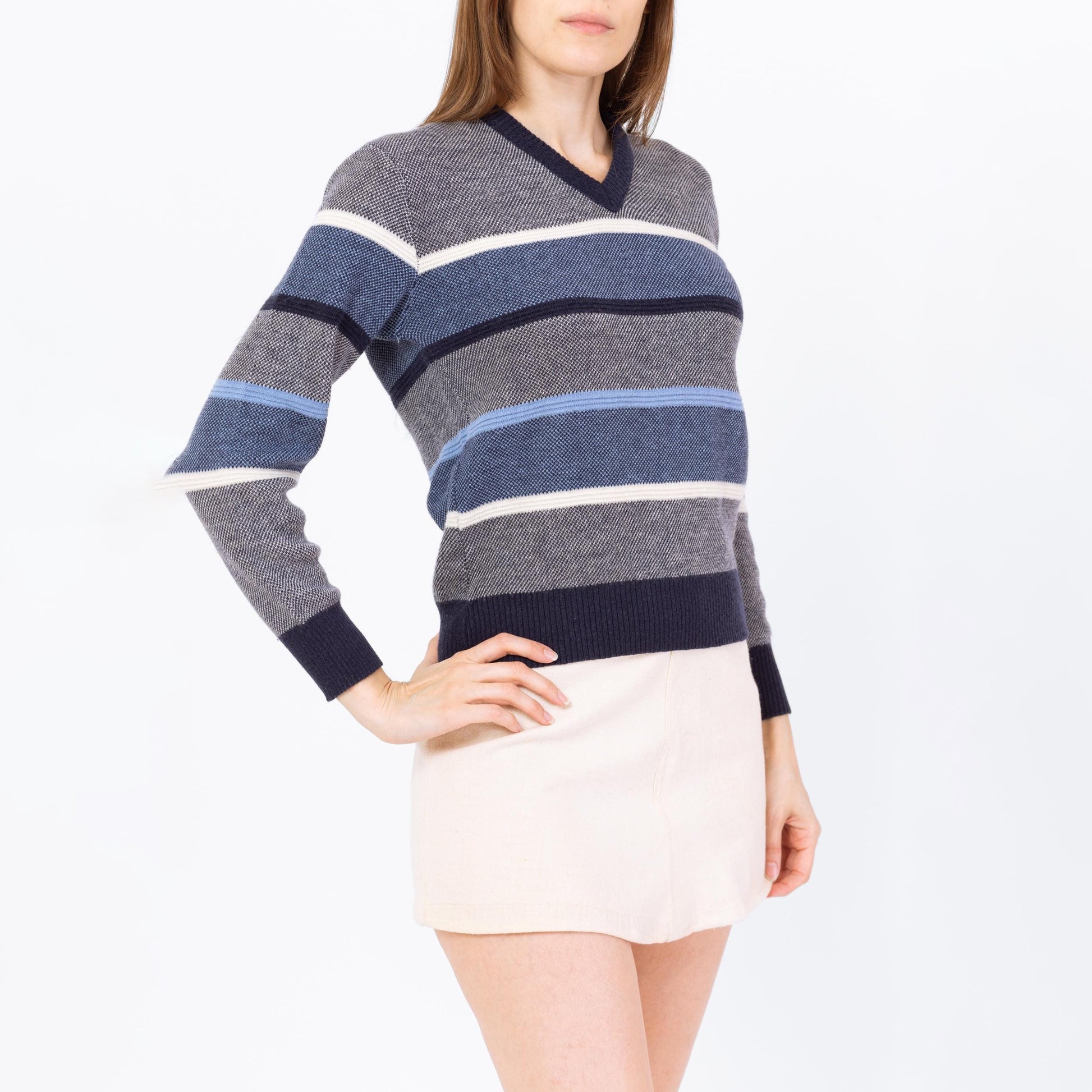 Vintage 80s Blue Striped Knit Cropped Sweater - Small | V Neck Lightweight Slouchy Pullover