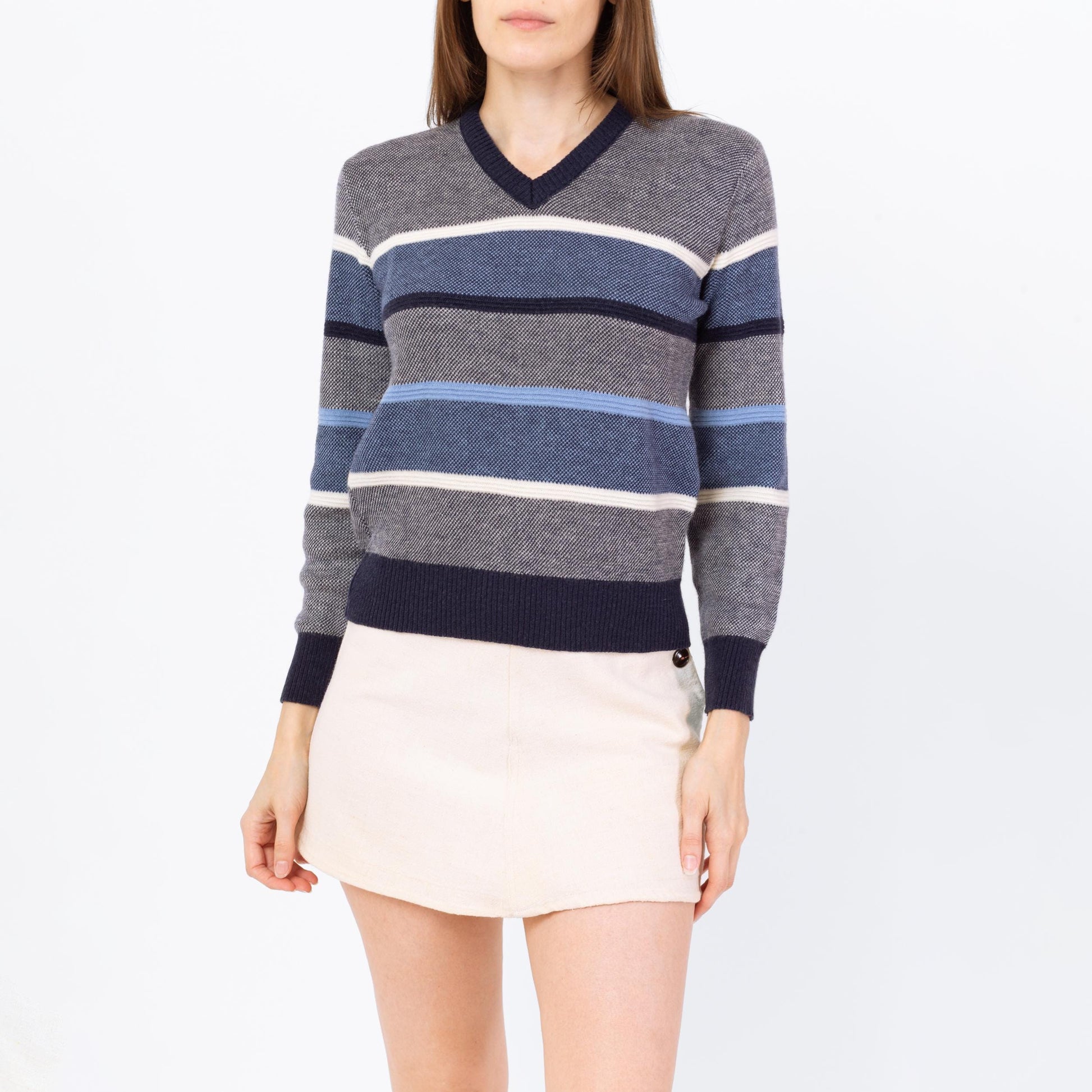 Vintage 80s Blue Striped Knit Cropped Sweater - Small | V Neck Lightweight Slouchy Pullover