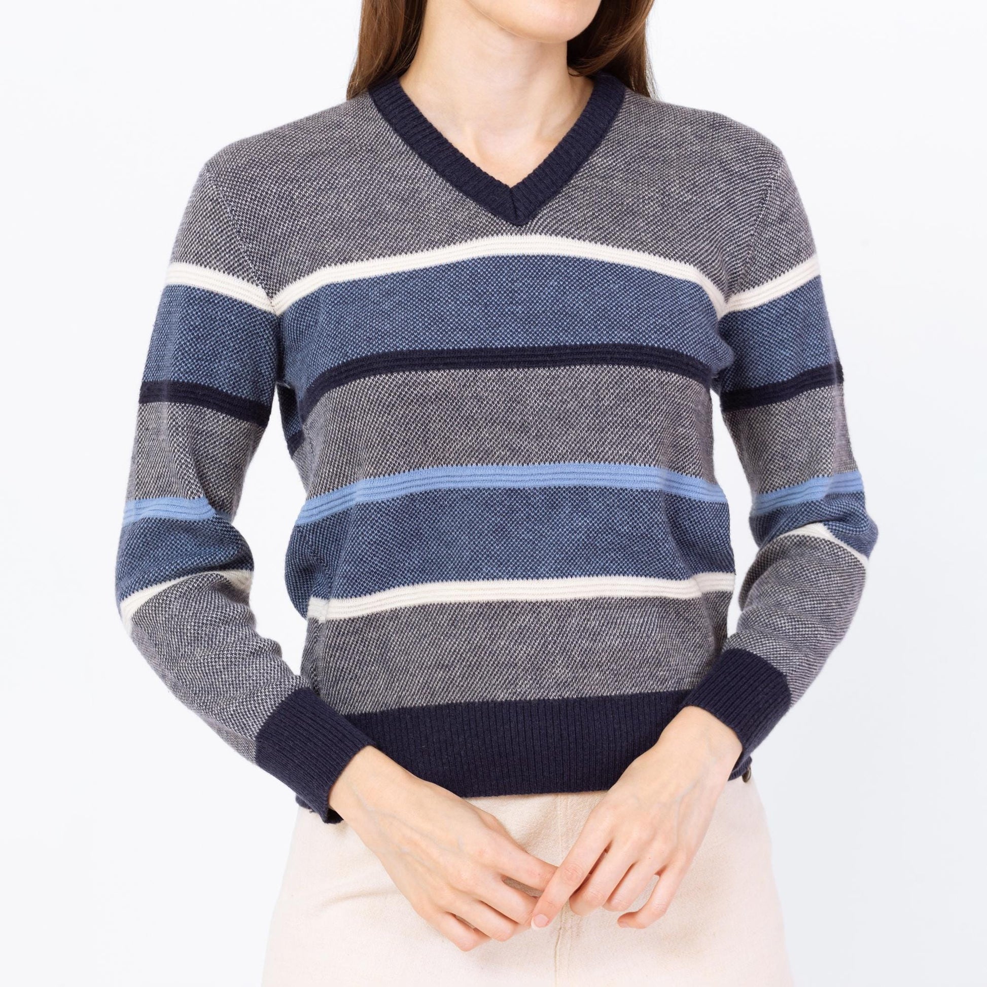 Vintage 80s Blue Striped Knit Cropped Sweater - Small | V Neck Lightweight Slouchy Pullover