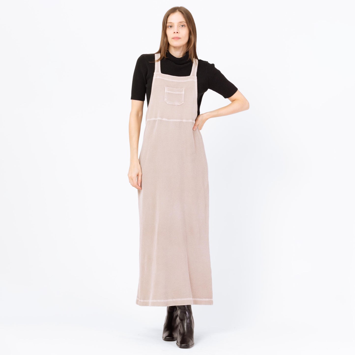 Vintage 90s Minimalist Taupe Maxi Pinafore Dress - Small | Waffle Knit Racerback Sleeveless Lounge Dress