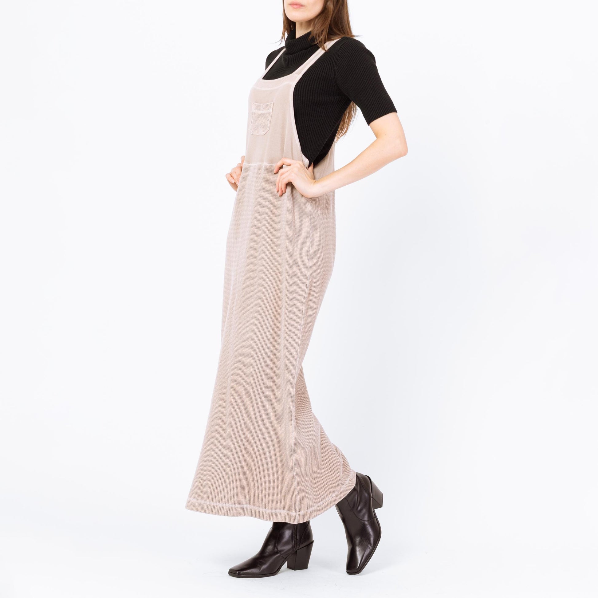 Vintage 90s Minimalist Taupe Maxi Pinafore Dress - Small | Waffle Knit Racerback Sleeveless Lounge Dress