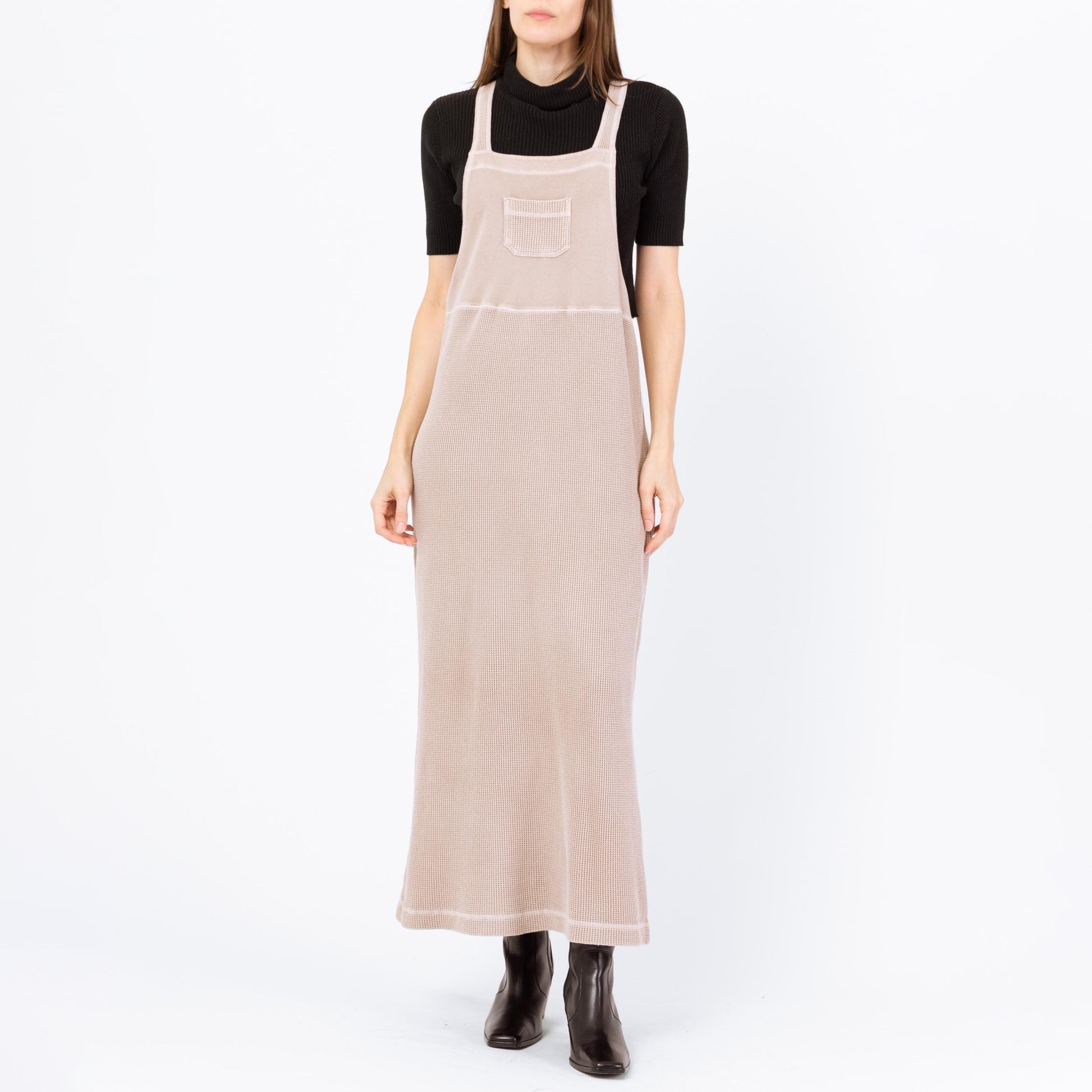Vintage 90s Minimalist Taupe Maxi Pinafore Dress - Small | Waffle Knit Racerback Sleeveless Lounge Dress