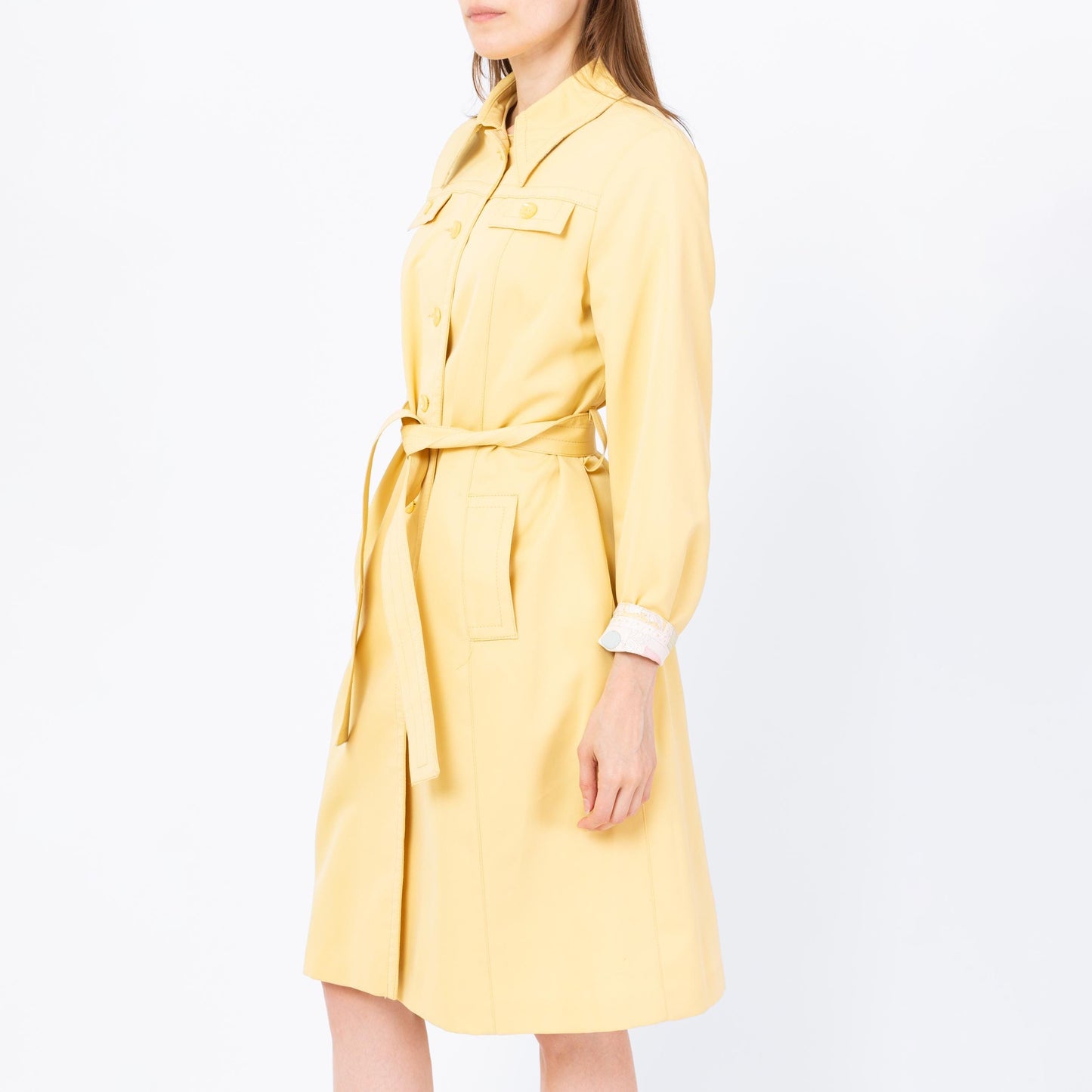 Vintage 70s Butter Yellow Belted Trench Coat - Small | Art Nouveau Print Lining Mod Button Up Long Jacket