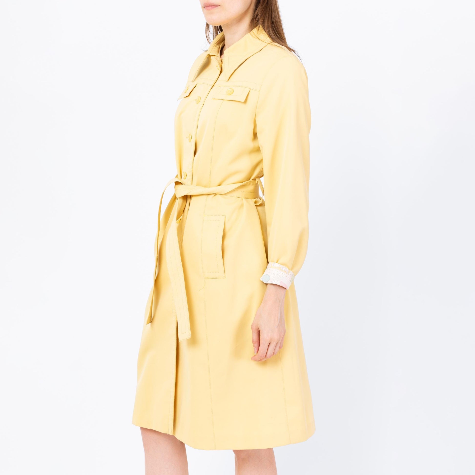 Vintage 70s Butter Yellow Belted Trench Coat - Small | Art Nouveau Print Lining Mod Button Up Long Jacket