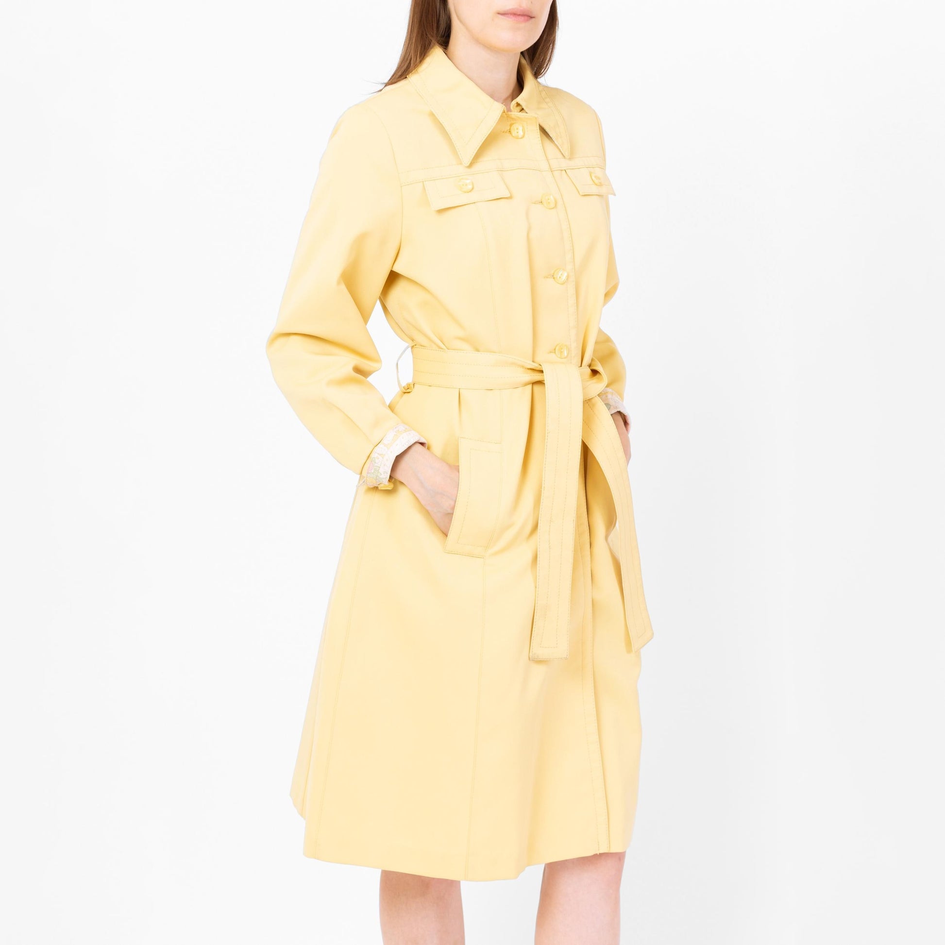 Vintage 70s Butter Yellow Belted Trench Coat - Small | Art Nouveau Print Lining Mod Button Up Long Jacket