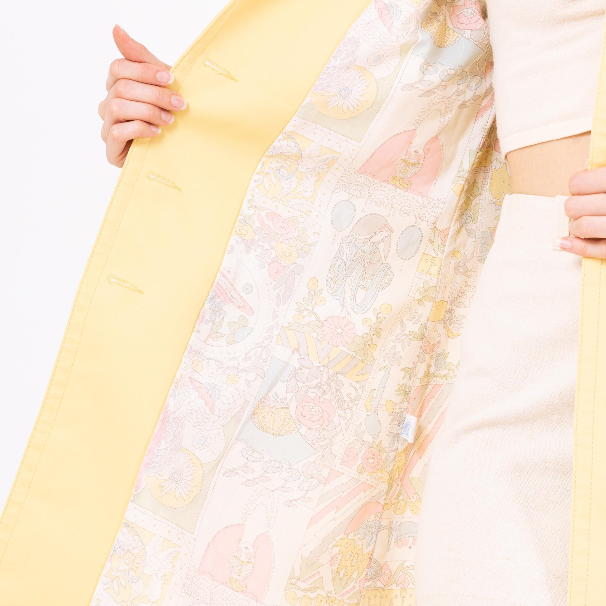 Vintage 70s Butter Yellow Belted Trench Coat - Small | Art Nouveau Print Lining Mod Button Up Long Jacket