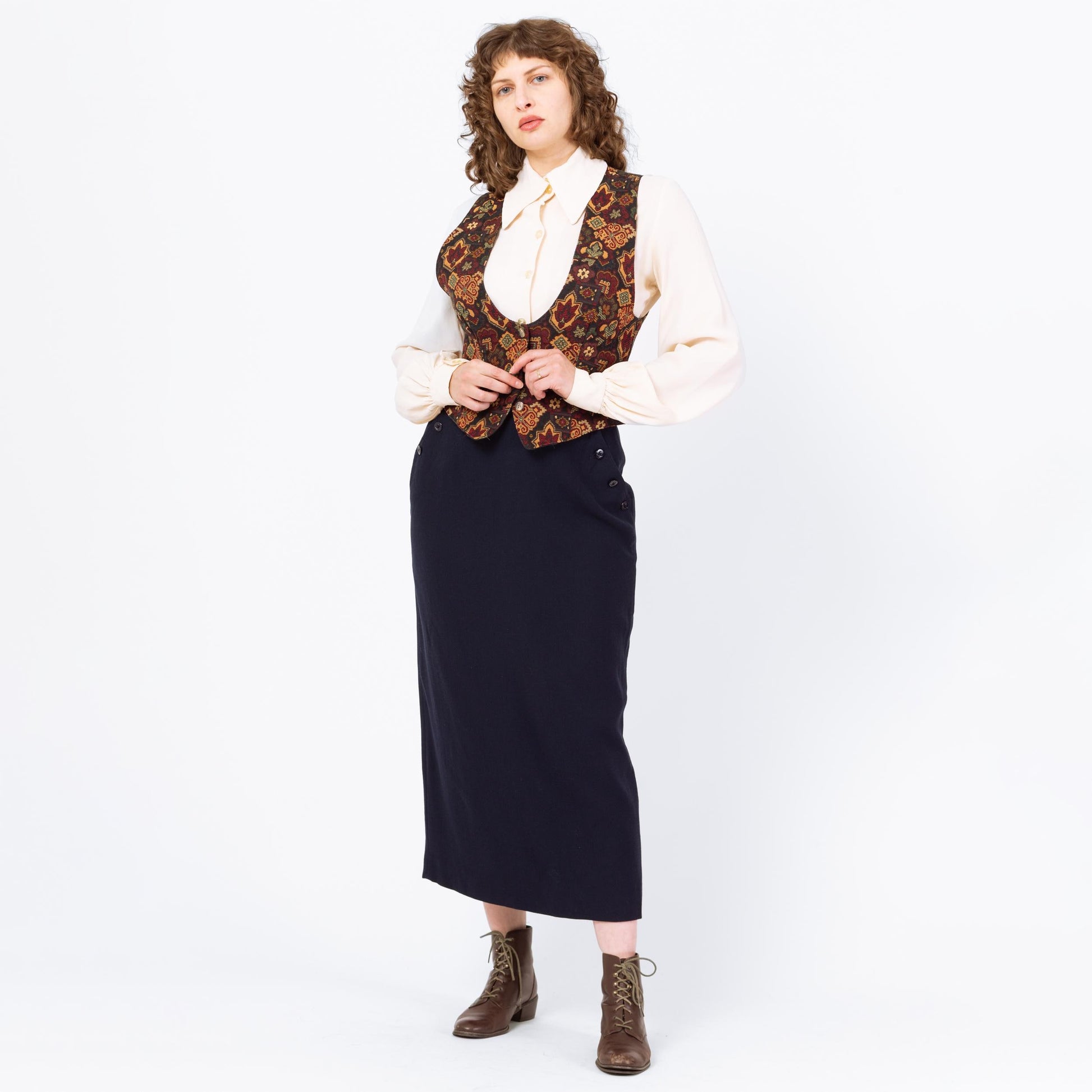 Vintage 90s Ralph Lauren Navy Wool Midi Sailor Skirt - Medium, 29"-30" Waist | Minimalist High Waisted Ankle Length Long Straight Skirt