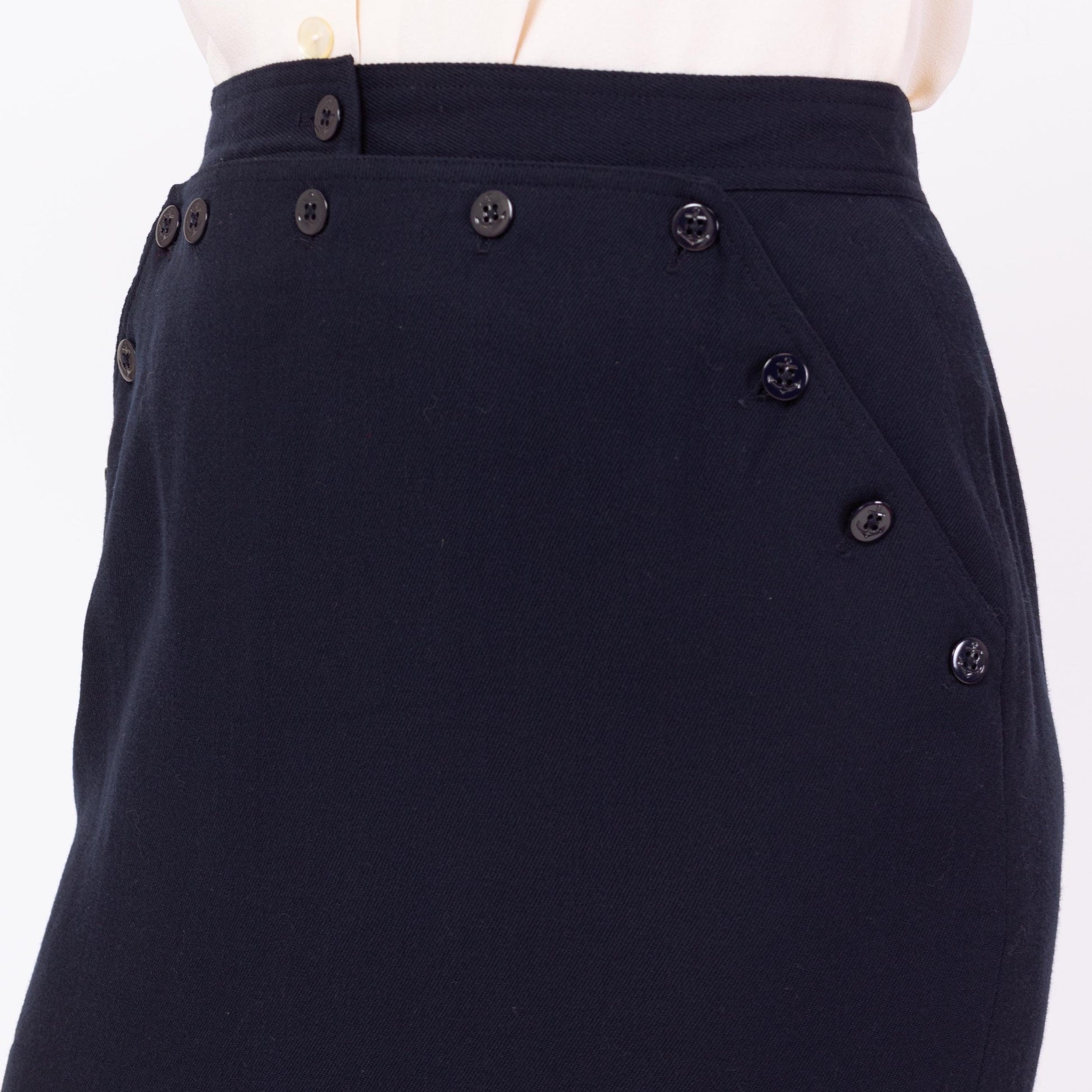 Vintage 90s Ralph Lauren Navy Wool Midi Sailor Skirt - Medium, 29"-30" Waist | Minimalist High Waisted Ankle Length Long Straight Skirt