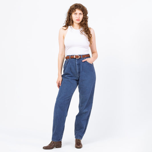 Vintage 80s Lee Riders Dark Wash High Waisted Mom Jeans - Medium, 29" Waist | Tapered Leg Pleated Denim Jeans