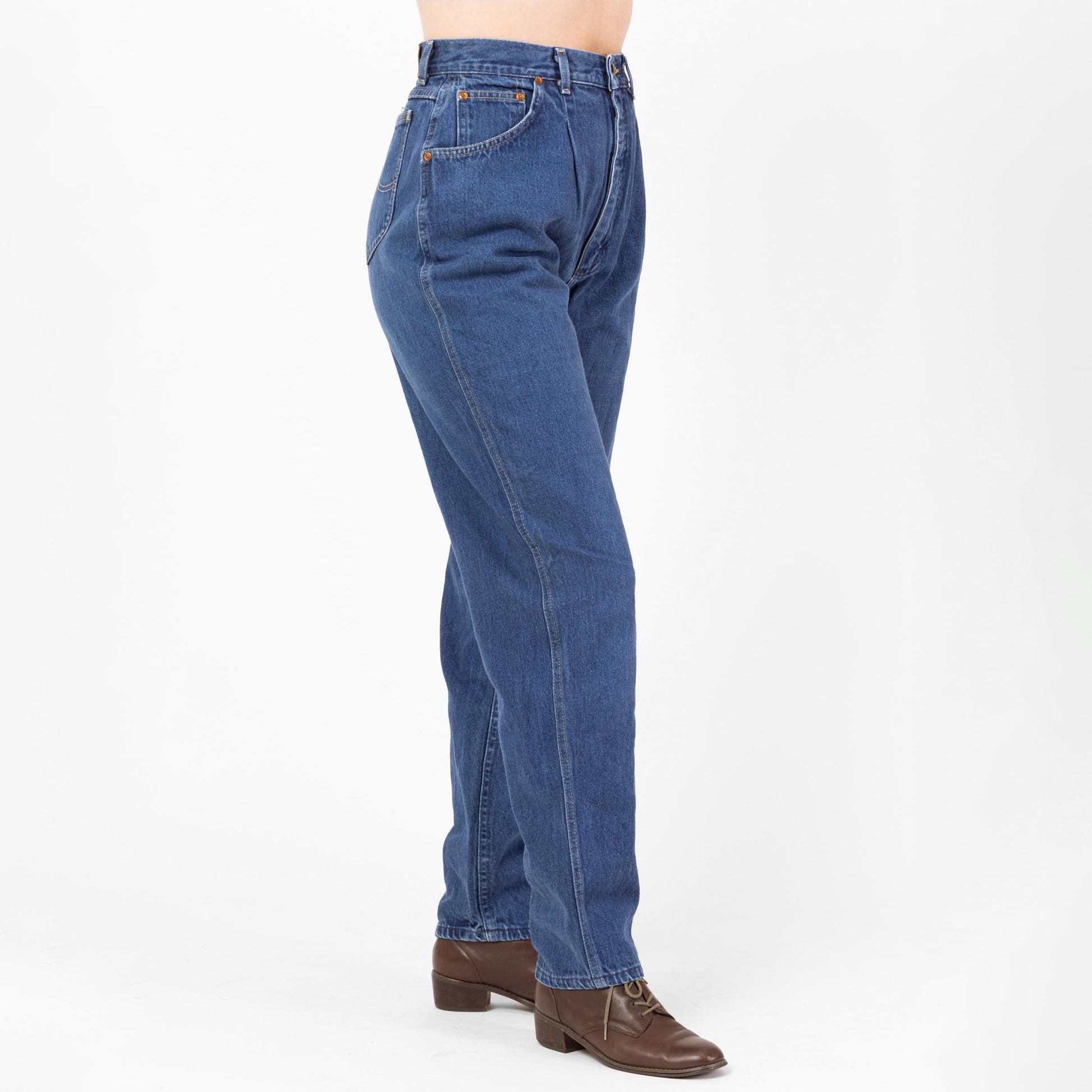 Vintage 80s Lee Riders Dark Wash High Waisted Mom Jeans - Medium, 29" Waist | Tapered Leg Pleated Denim Jeans