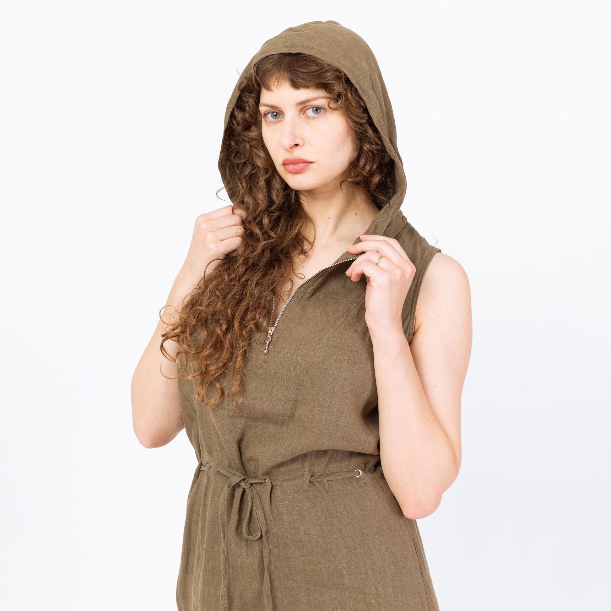 Vintage 90s Olive Green Hooded Linen Mini Dress - Medium | Grunge Drawstring Waist Sleeveless Minimalist Zip Up Safari Dress