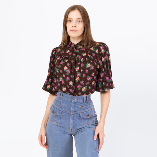Vintage 70s Boho Brown Floral Balloon Sleeve Blouse - Small | Half Sleeve Peter Pan Collar Top, Flowy Button Up Shirt
