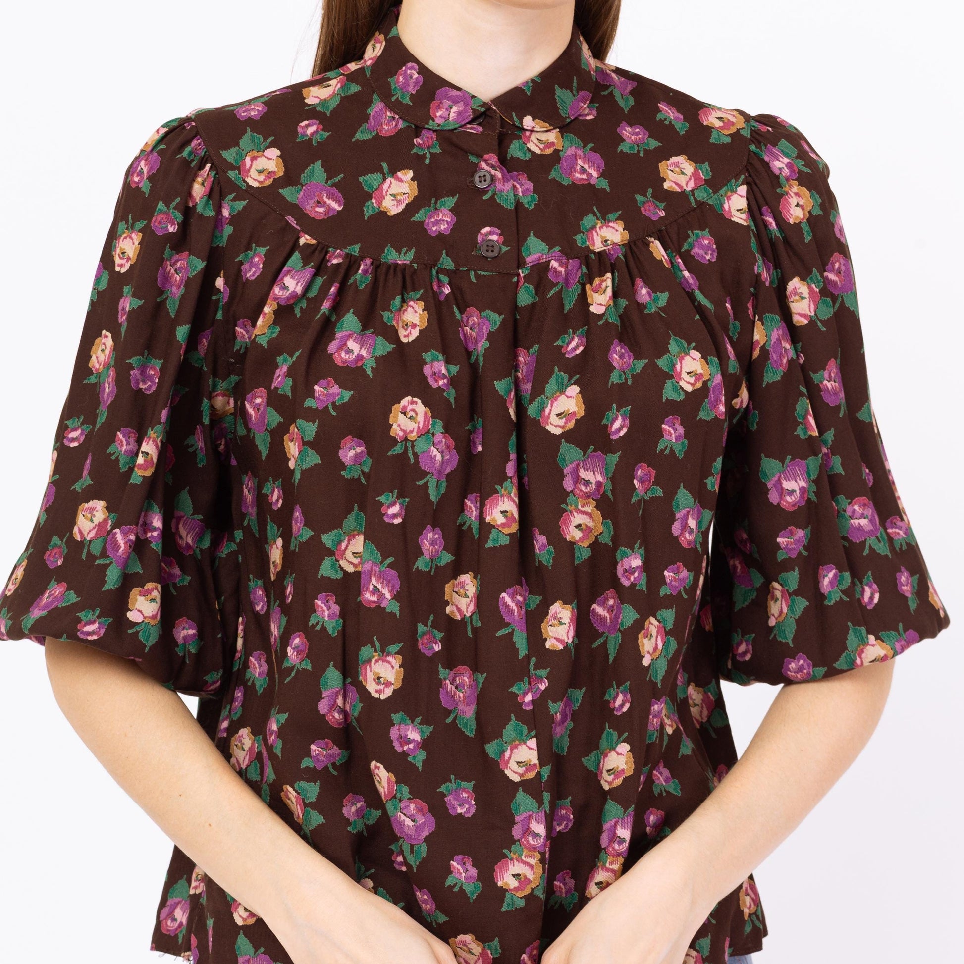 Vintage 70s Boho Brown Floral Balloon Sleeve Blouse - Small | Half Sleeve Peter Pan Collar Top, Flowy Button Up Shirt