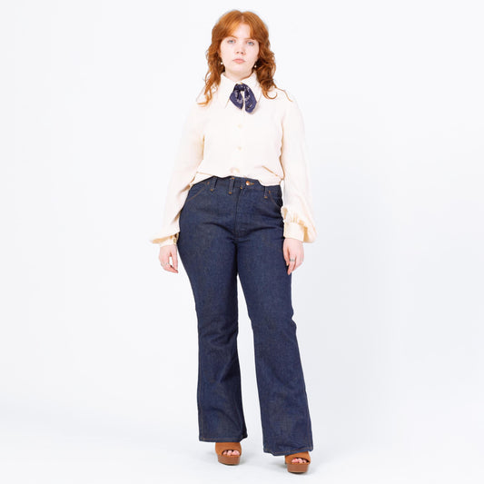 Vintage 70s Wrangler Deadstock Flared Unisex Jeans - 38x30 | Dark Wash Denim High Waisted Bootcut Jeans