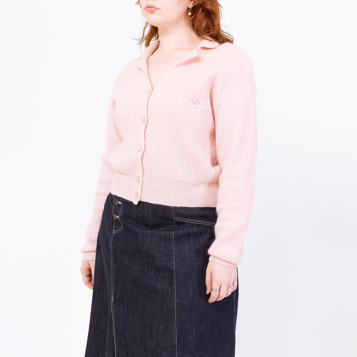 Vintage 80s Pastel Pink Cropped Knit Cardigan - Medium | Angora Lambswool Retro Collared Button Up Sweater